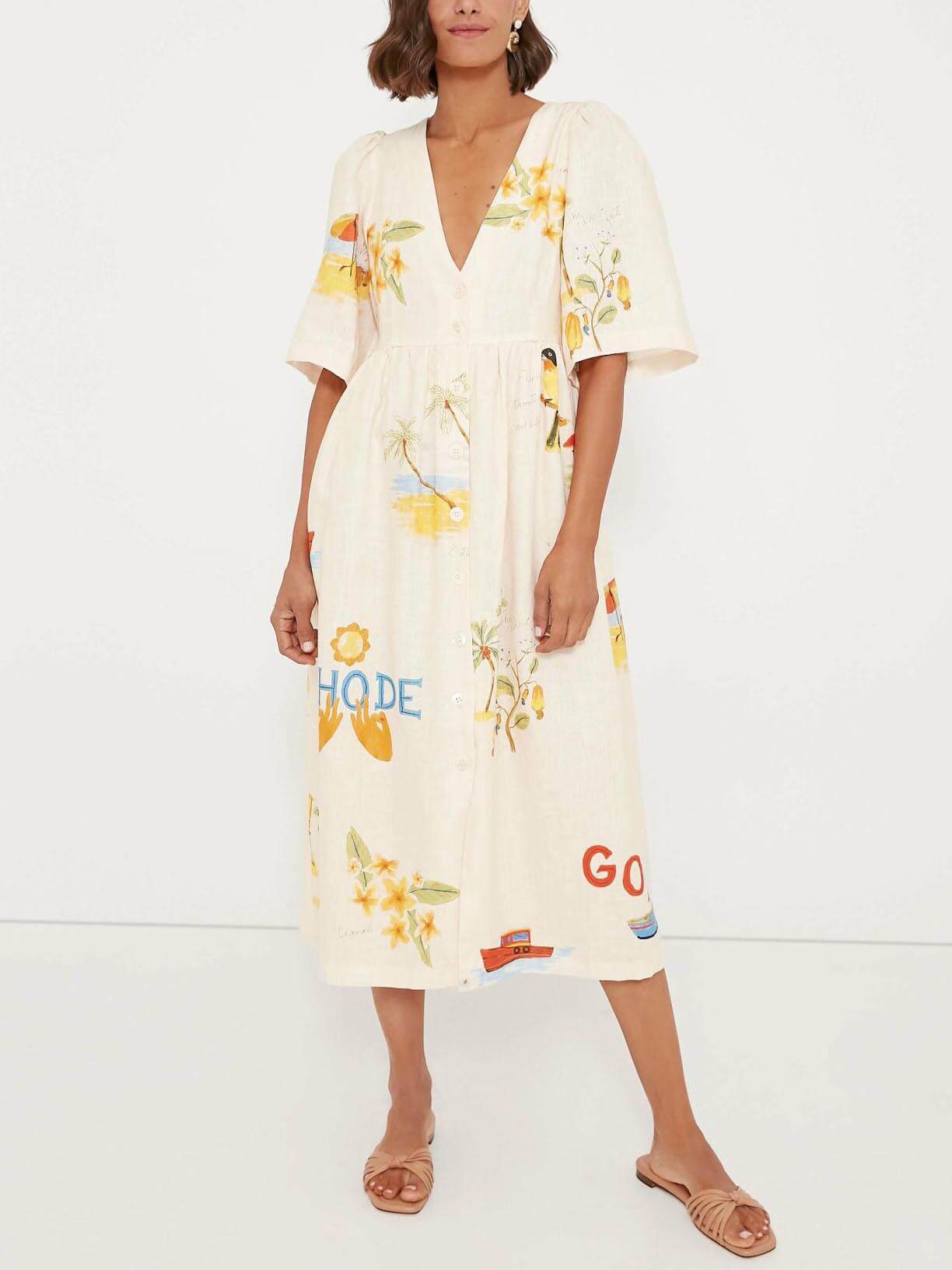 Folk Floral Print Unique Holiday Puff Sleeve Midi Dress Olympus London