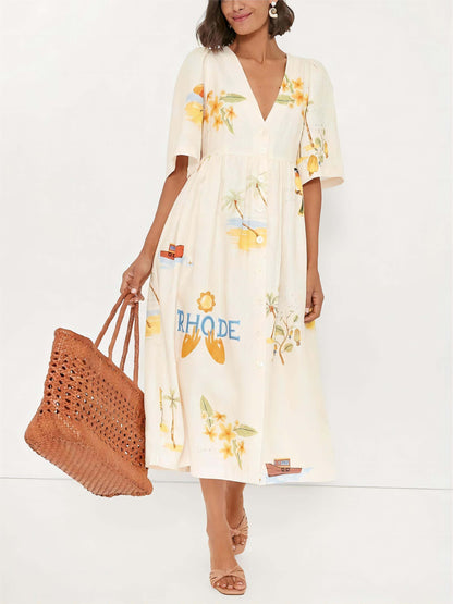 Folk Floral Print Unique Holiday Puff Sleeve Midi Dress Olympus London