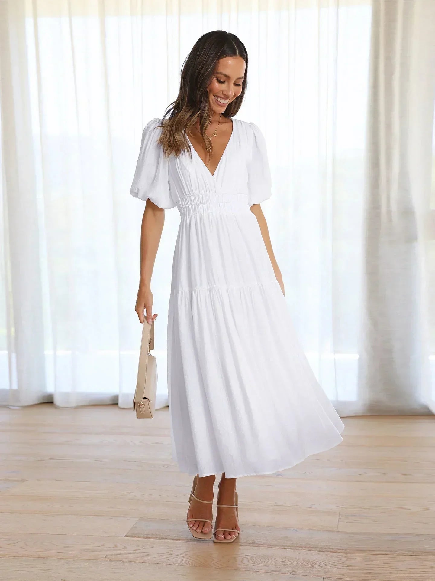 Laila women's midi dress with V-neck - White