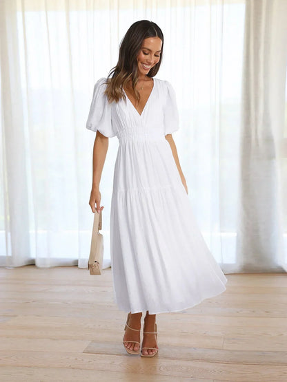 Laila women's midi dress with V-neck - White