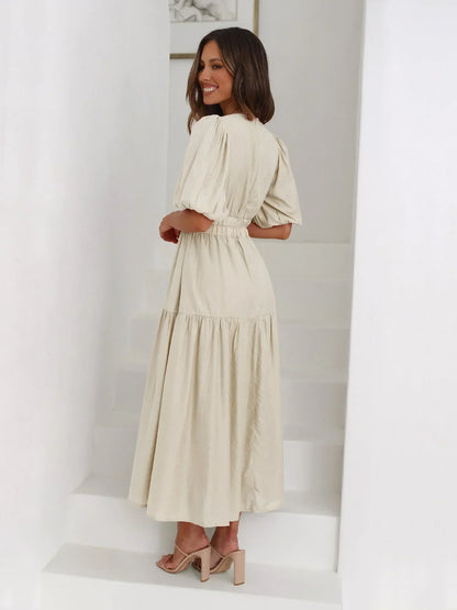 Midi dress with V-neck and short sleeves
