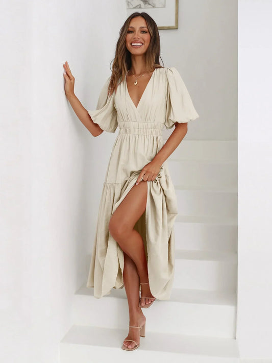 Midi dress with V-neck and short sleeves - Cream