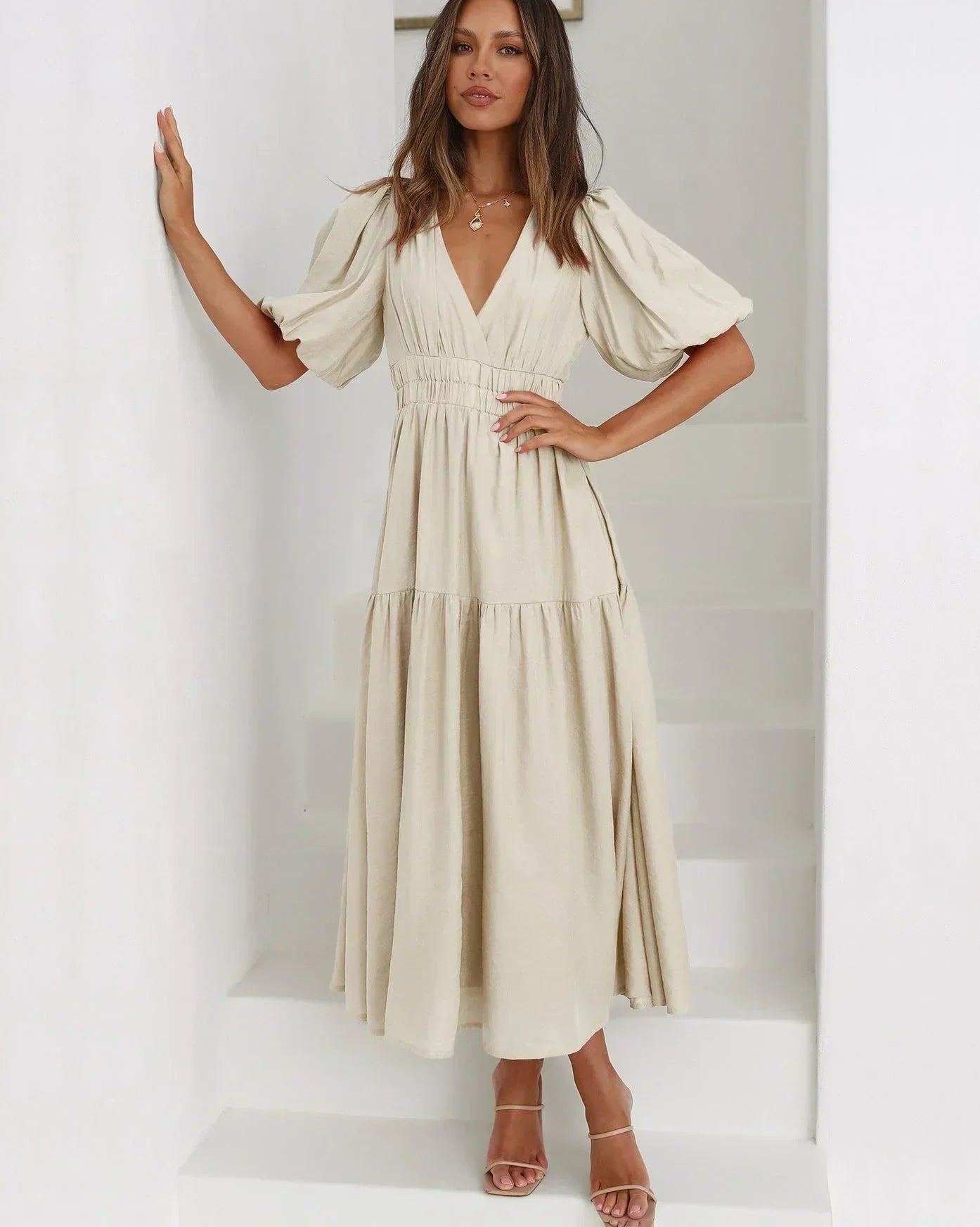 Laila women's midi dress with V-neck - Cream