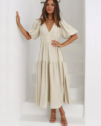 Laila women's midi dress with V-neck - Cream