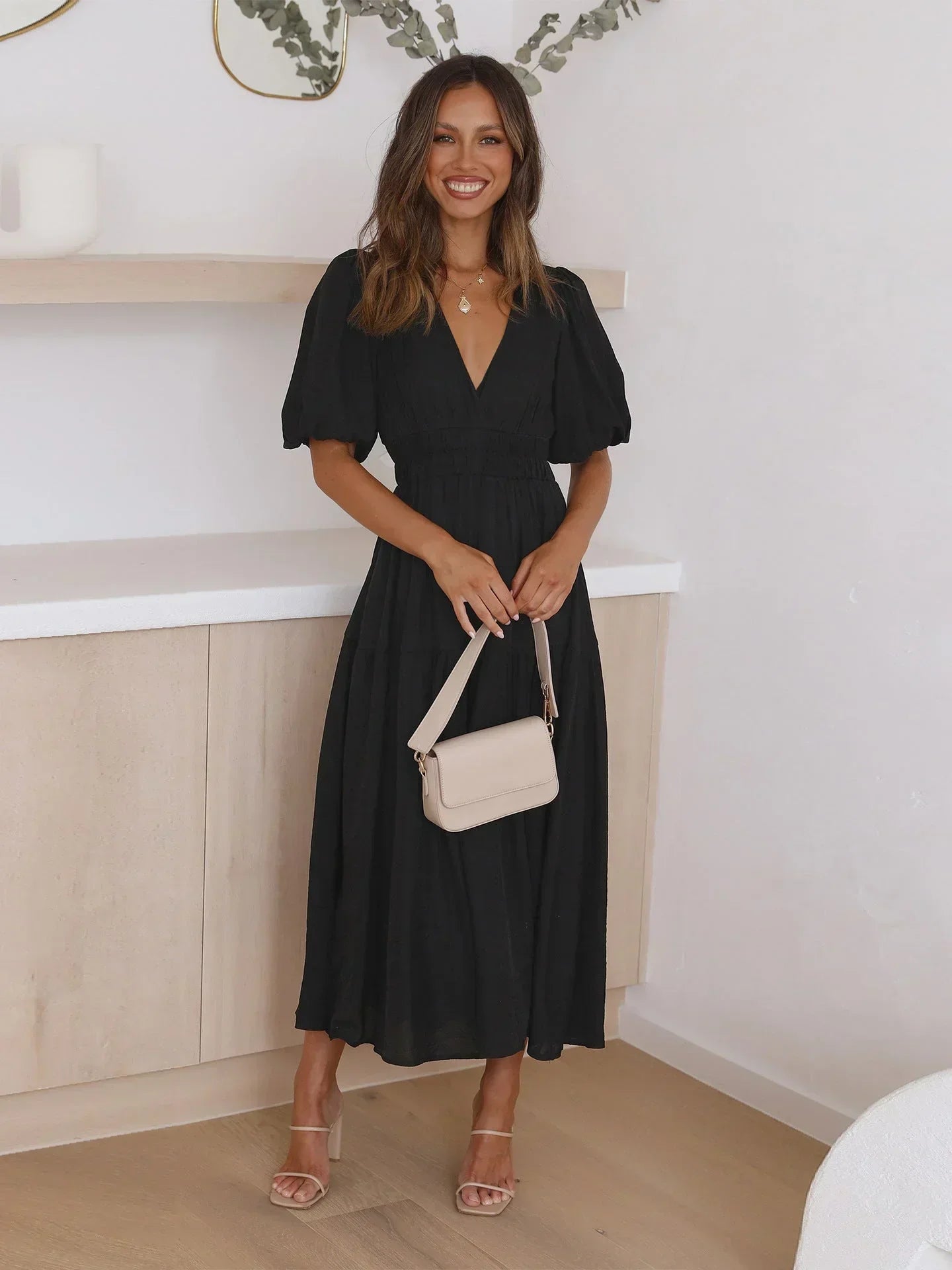 Laila women's midi dress with V-neck - Black