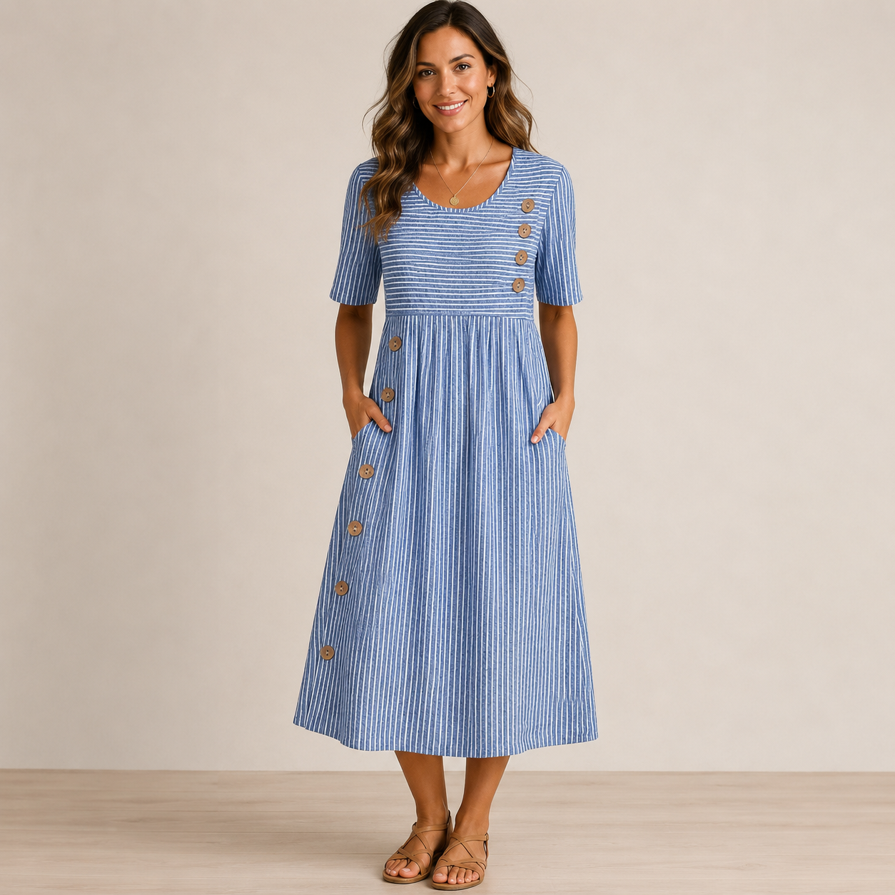 Wanda Striped Midi Dress with Three-Quarter Sleeves and Button Front