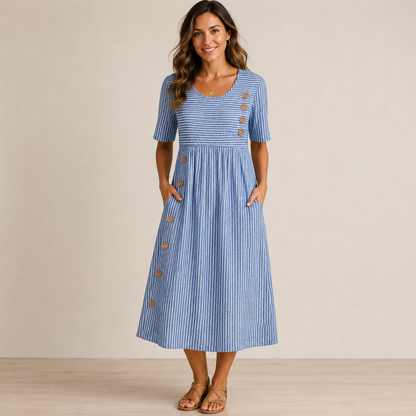Wanda Striped Midi Dress with Three-Quarter Sleeves and Button Front