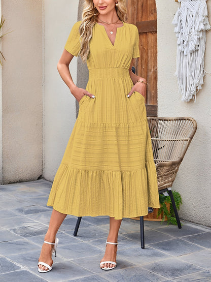 Women's casual midi dress short sleeve V-neck